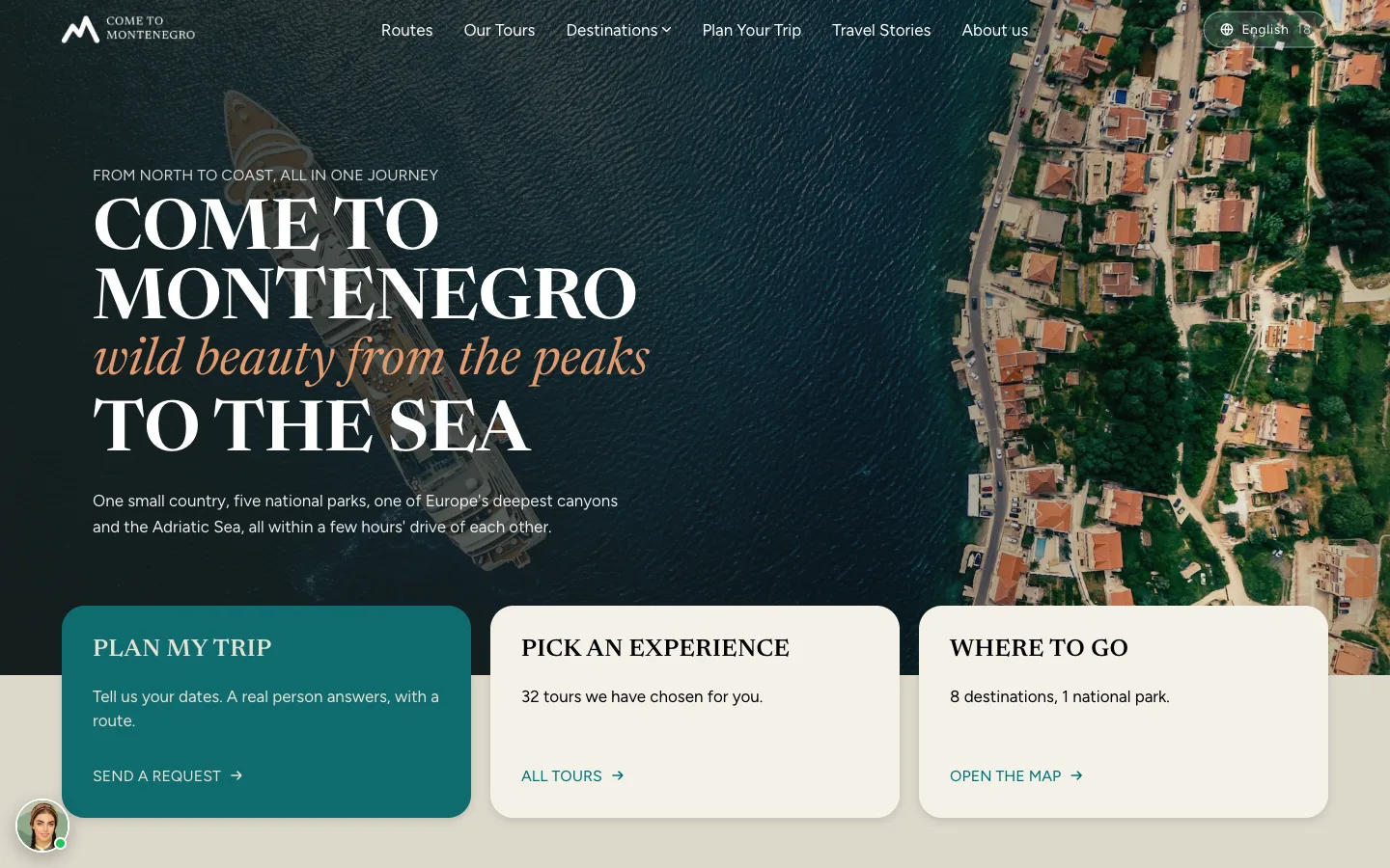 Come to Montenegro – naslovna sa pozivom na planiranje puta, turama i mapom