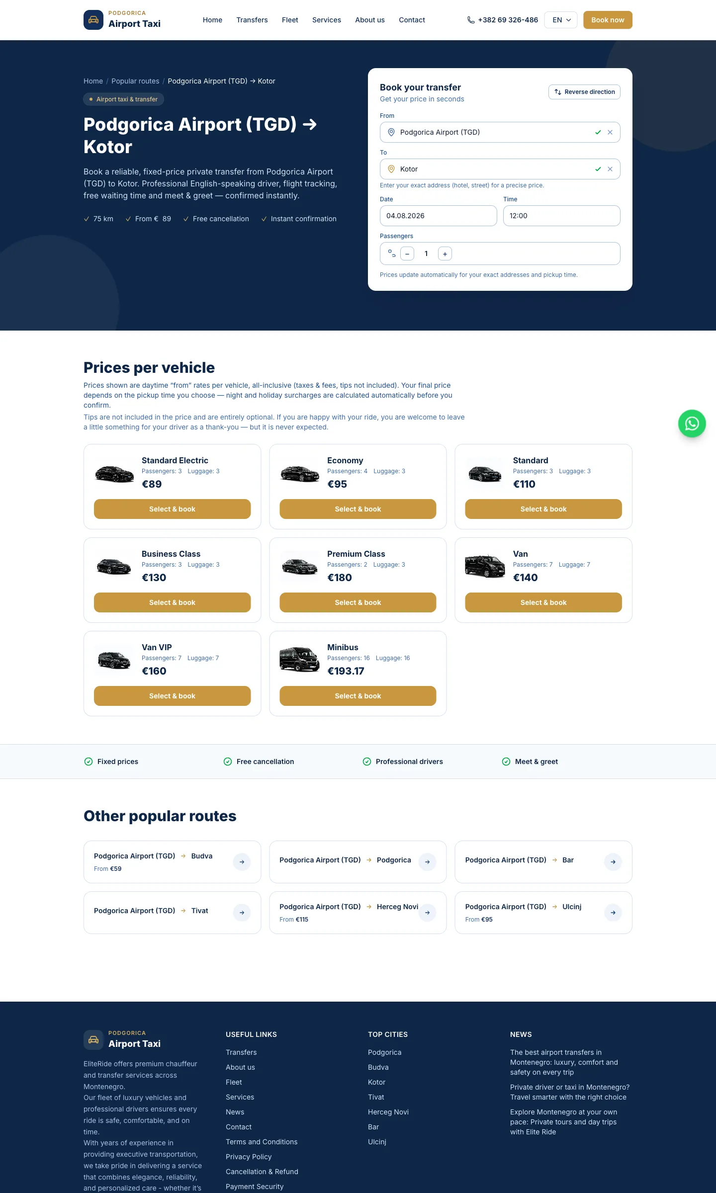 Podgorica Airport Taxi – route page with prices per vehicle class