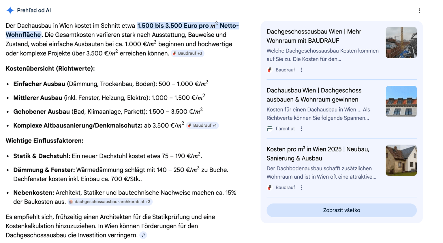 Google AI Overview rezultat za upit o renoviranju potkrovlja u Beču — Flarent.at citiran kao izvor