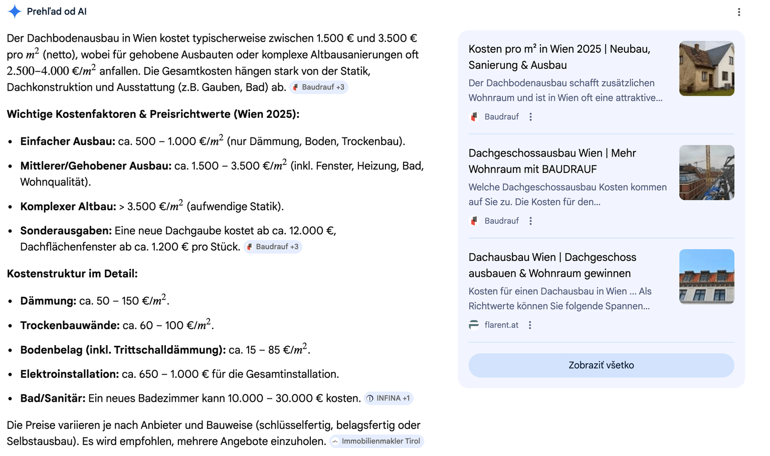 Google AI Overview rezultat za upit o troškovima adaptacije potkrovlja — Flarent.at citiran kao izvor