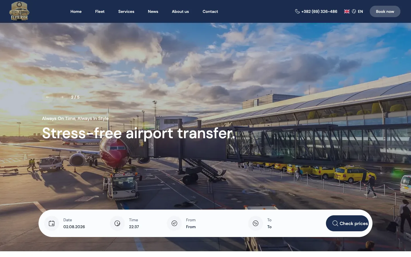 Elite Ride – homepage with a booking bar and price check