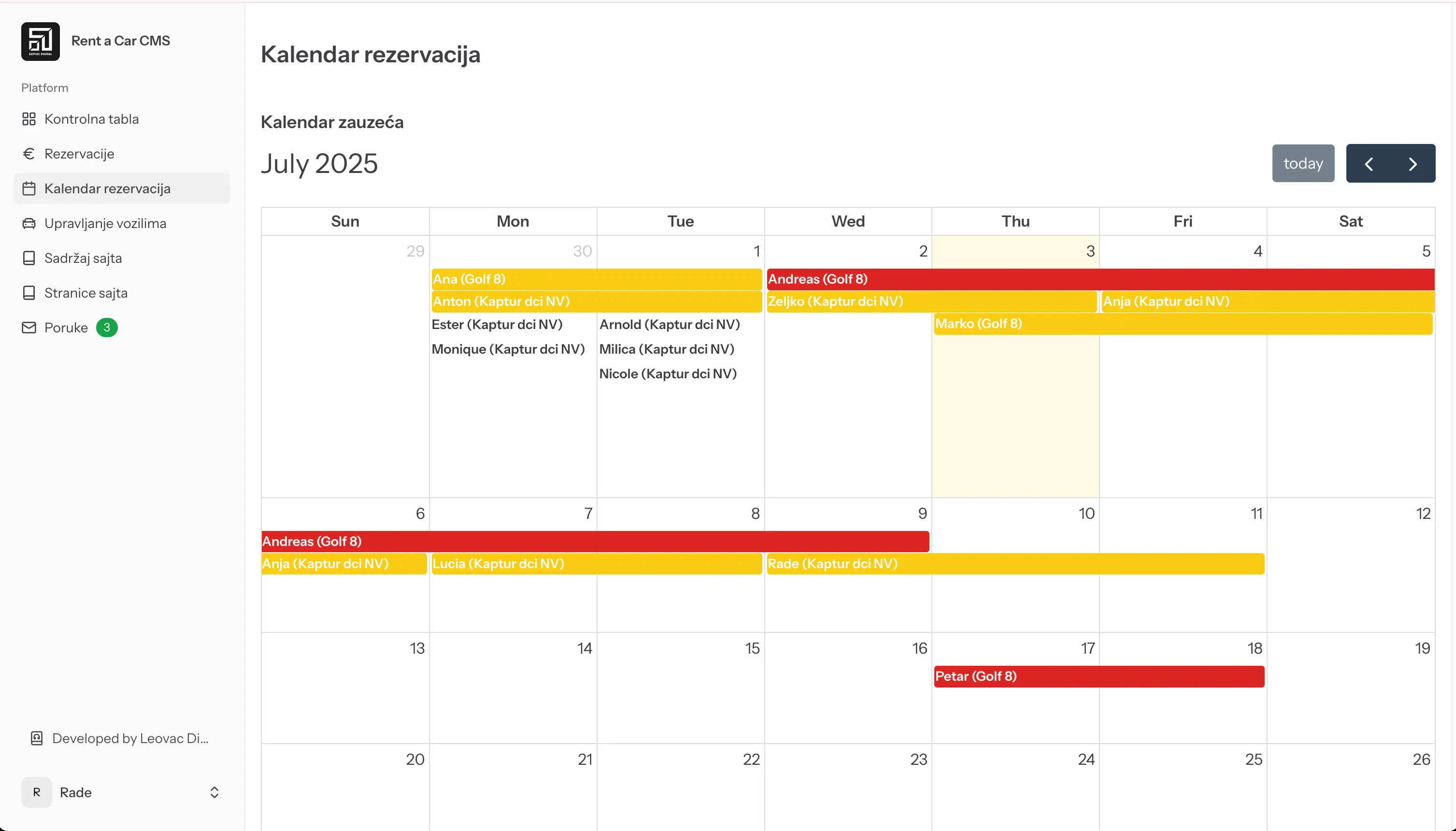 Admin panel – kalendar