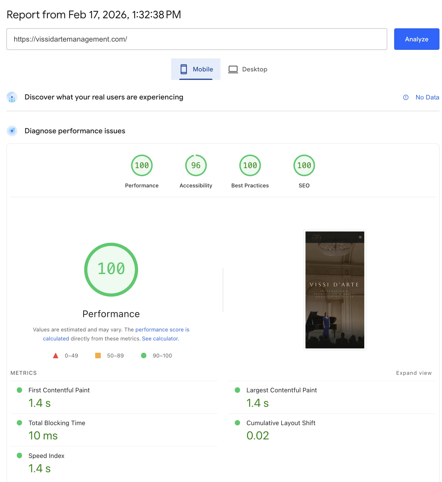 PageSpeed rezultati – Mobile (100/96/100/100)