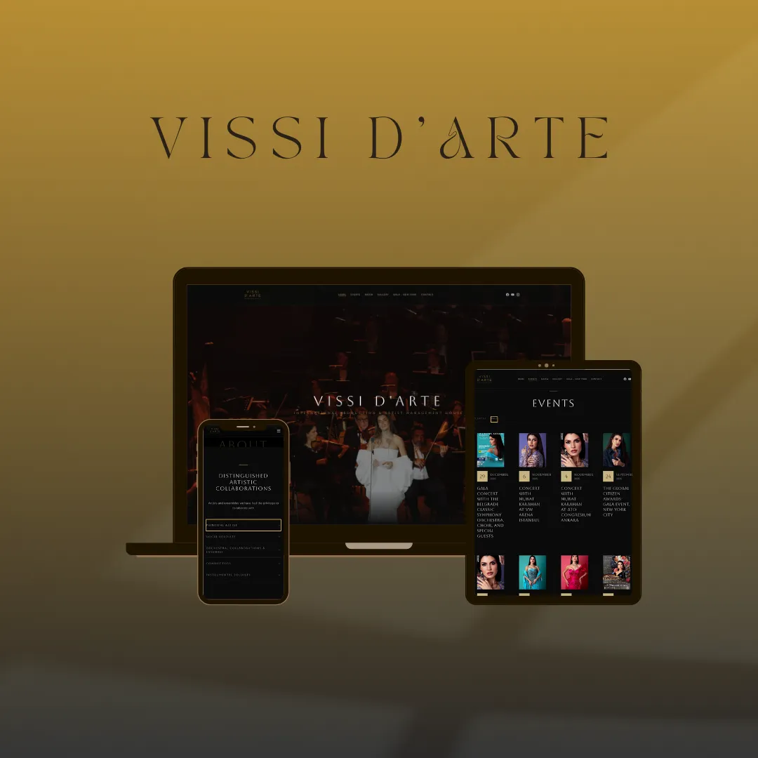 Vissi D'Arte Management – screenshot headless web platforme sa tamnom temom i zlatnim akcentima