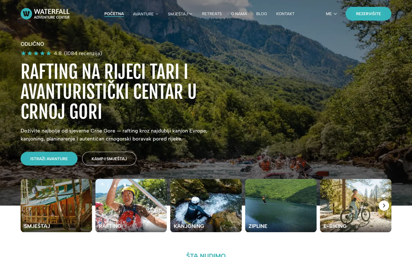 Waterfall Adventure Center – naslovna stranica sa ponudom rafting tura